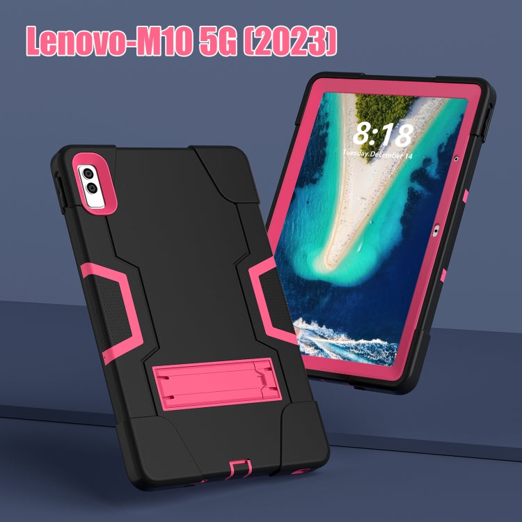 For Lenovo Tab M10 5G 10.6 inch Contrast Color Silicone PC Tablete Case with Holder(Black + Rose Red)