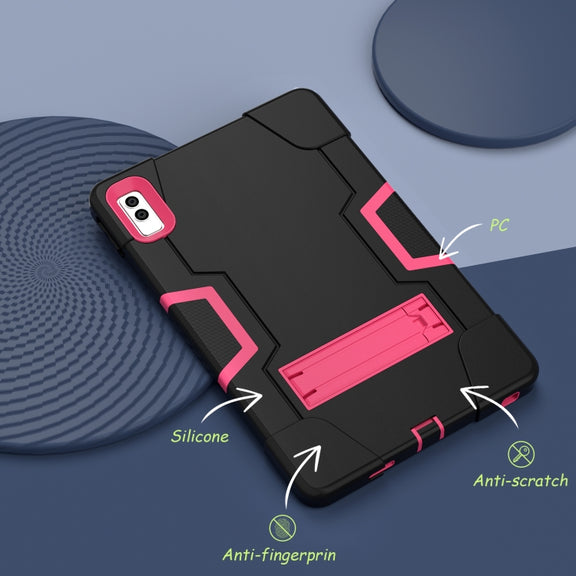 For Lenovo Tab M10 5G 10.6 inch Contrast Color Silicone PC Tablete Case with Holder(Black + Rose Red)