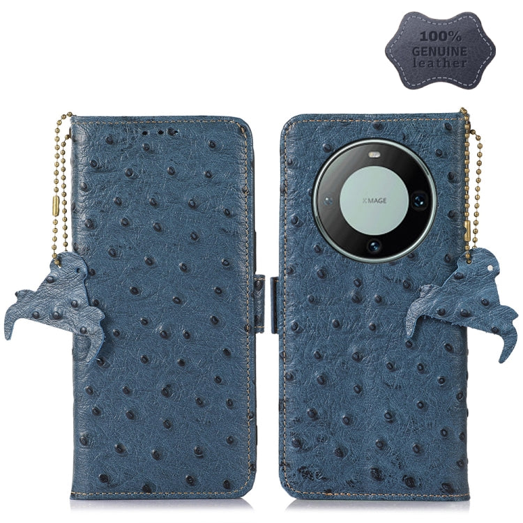 For Huawei Mate 60 Pro Ostrich Pattern Genuine Leather RFID Phone Case(Blue) - Huawei Cases by PMC TechLife | Online Shopping South Africa | PMC TechLife | Buy Now Pay Later Mobicred