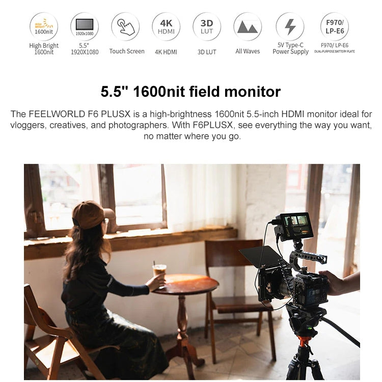 FEELWORLD F6 PLUSX 5.5 inch High Bright 1600nit Touch Screen DSLR Camera Field Monitor IPS FHD1920x1080 4K HDMI(Black) - free shipping - PMC Jewellery - Order now!