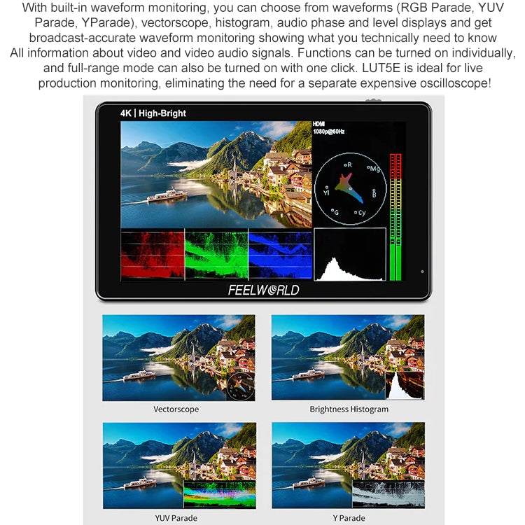 FEELWORLD LUT5E 5.5 inch High Bright 1600nit Touch Screen DSLR Camera Field Monitor F970 External Power and Install Kit 4K HDMI 1920X1080 IPS Panel(Black) - free shipping - PMC TechLife - Order now!