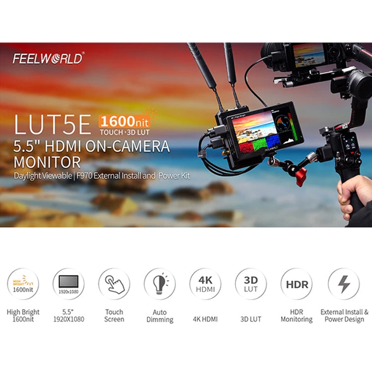 FEELWORLD LUT5E 5.5 inch High Bright 1600nit Touch Screen DSLR Camera Field Monitor F970 External Power and Install Kit 4K HDMI 1920X1080 IPS Panel(Black) - free shipping - PMC TechLife - Order now!