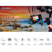 FEELWORLD LUT5E 5.5 inch High Bright 1600nit Touch Screen DSLR Camera Field Monitor F970 External Power and Install Kit 4K HDMI 1920X1080 IPS Panel(Black)