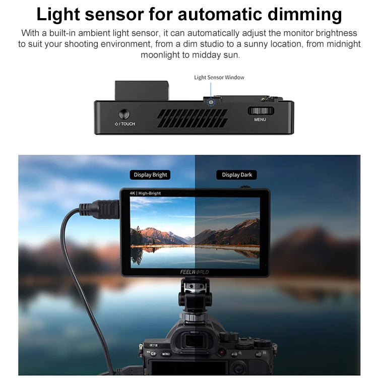 FEELWORLD LUT5E 5.5 inch High Bright 1600nit Touch Screen DSLR Camera Field Monitor F970 External Power and Install Kit 4K HDMI 1920X1080 IPS Panel(Black) - free shipping - PMC TechLife - Order now!