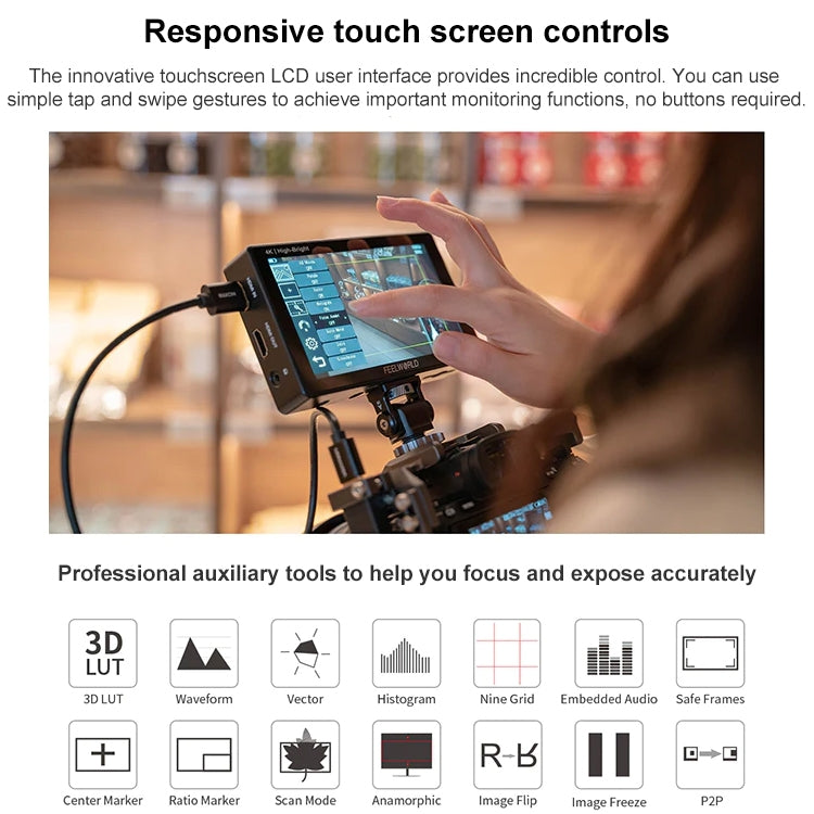 FEELWORLD LUT5E 5.5 inch High Bright 1600nit Touch Screen DSLR Camera Field Monitor F970 External Power and Install Kit 4K HDMI 1920X1080 IPS Panel(Black) - free shipping - PMC TechLife - Order now!