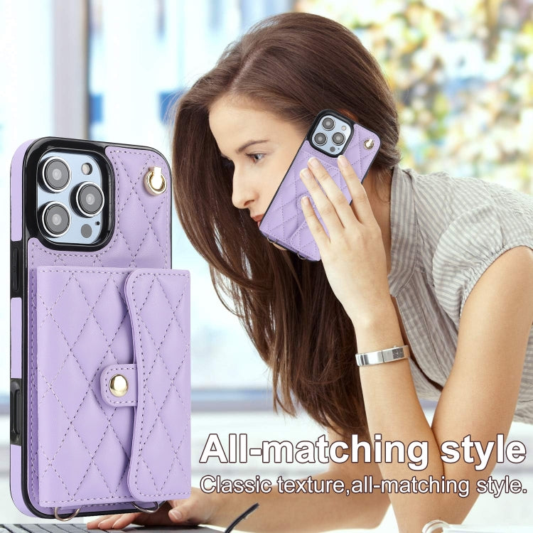 For iPhone 16 Pro Max Crossbody Rhombic Horizontal Wallet Leather Phone Case(Purple)