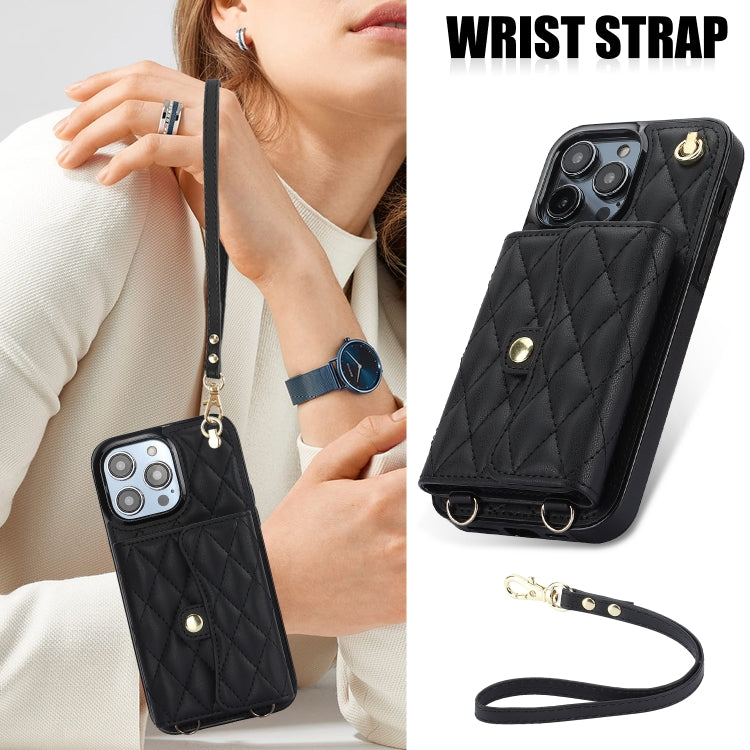 For iPhone 16 Pro Crossbody Rhombic Horizontal Wallet Leather Phone Case(Black)