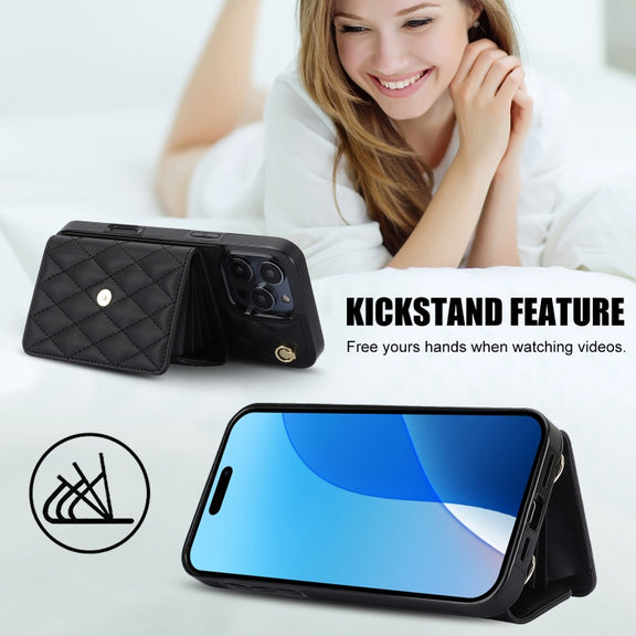 For iPhone 16 Pro Crossbody Rhombic Horizontal Wallet Leather Phone Case(Black)