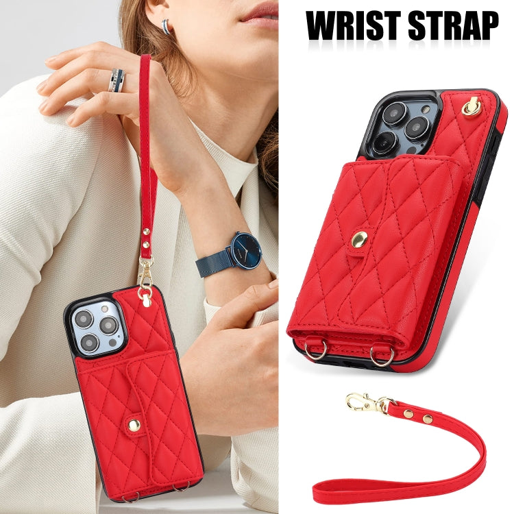 For iPhone 16 Pro Crossbody Rhombic Horizontal Wallet Leather Phone Case(Red)