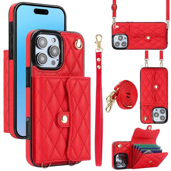 For iPhone 16 Pro Crossbody Rhombic Horizontal Wallet Leather Phone Case(Red)