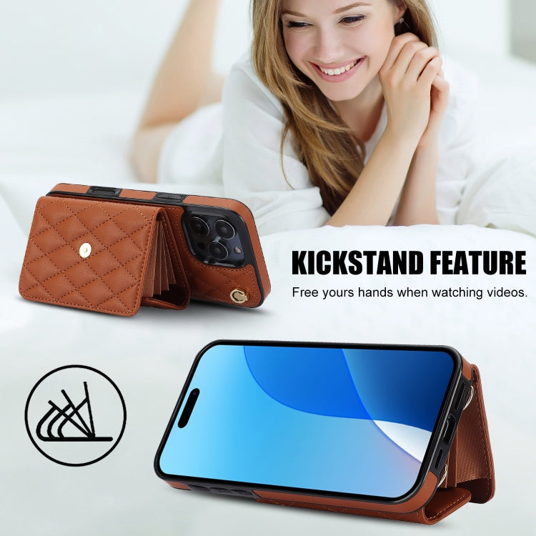 For iPhone 16 Pro Crossbody Rhombic Horizontal Wallet Leather Phone Case(Brown)