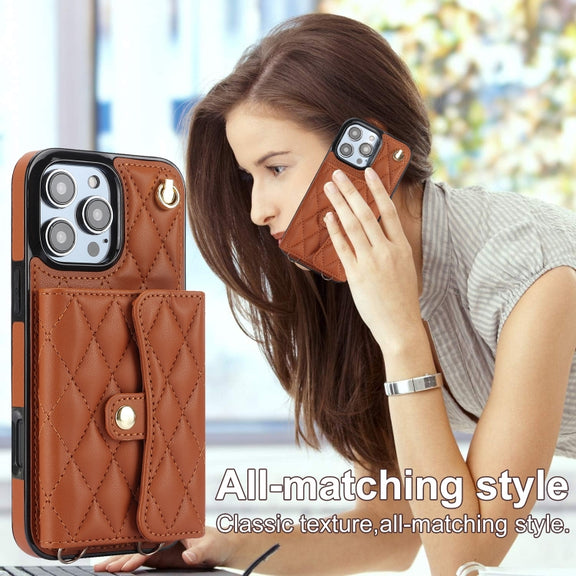 For iPhone 16 Pro Crossbody Rhombic Horizontal Wallet Leather Phone Case(Brown)