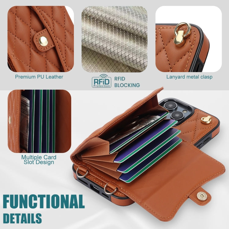 For iPhone 16 Pro Crossbody Rhombic Horizontal Wallet Leather Phone Case(Brown)