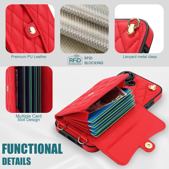 For iPhone 16 Plus Crossbody Rhombic Horizontal Wallet Leather Phone Case(Red)