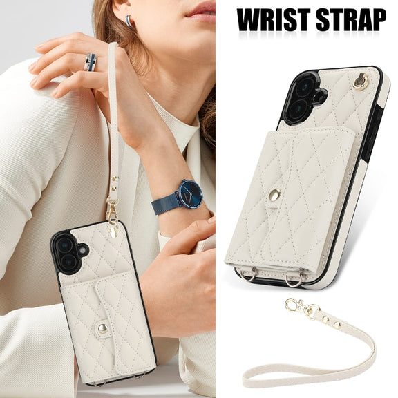 For iPhone 16 Crossbody Rhombic Horizontal Wallet Leather Phone Case(White)