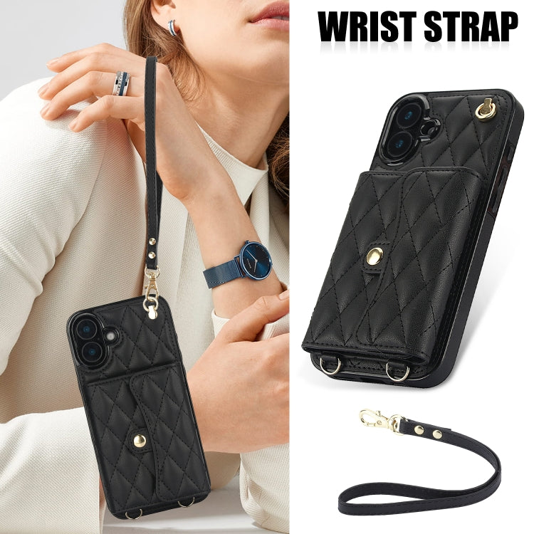 For iPhone 16 Crossbody Rhombic Horizontal Wallet Leather Phone Case(Black)