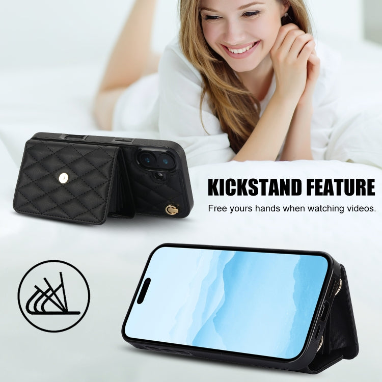 For iPhone 16 Crossbody Rhombic Horizontal Wallet Leather Phone Case(Black)