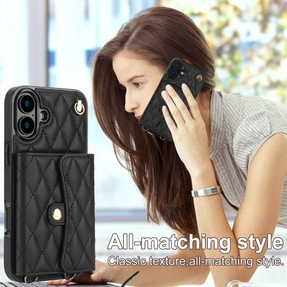 For iPhone 16 Crossbody Rhombic Horizontal Wallet Leather Phone Case(Black)