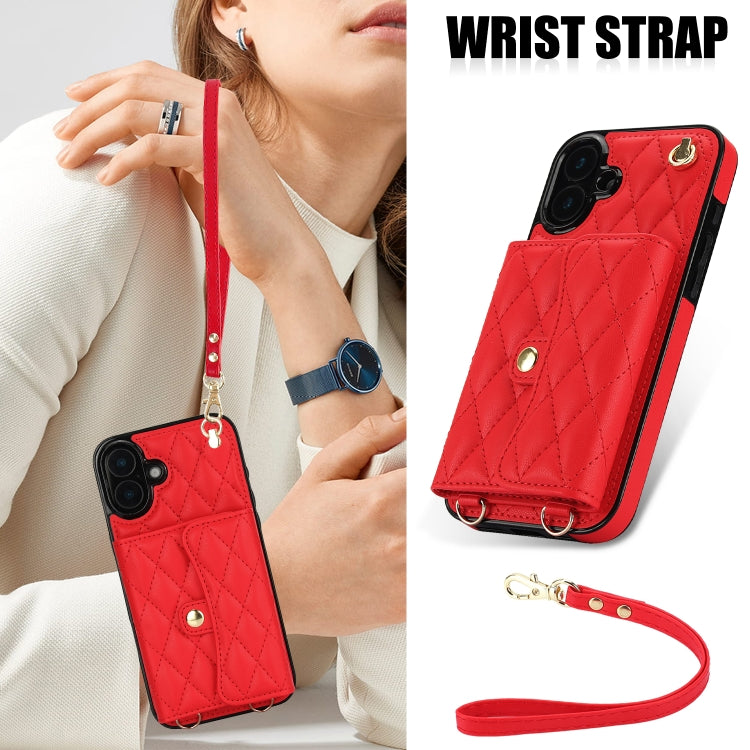For iPhone 16 Crossbody Rhombic Horizontal Wallet Leather Phone Case(Red)