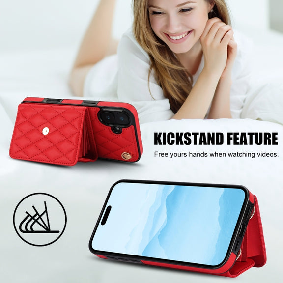 For iPhone 16 Crossbody Rhombic Horizontal Wallet Leather Phone Case(Red)