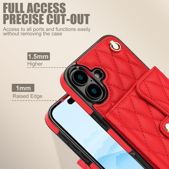 For iPhone 16 Crossbody Rhombic Horizontal Wallet Leather Phone Case(Red)