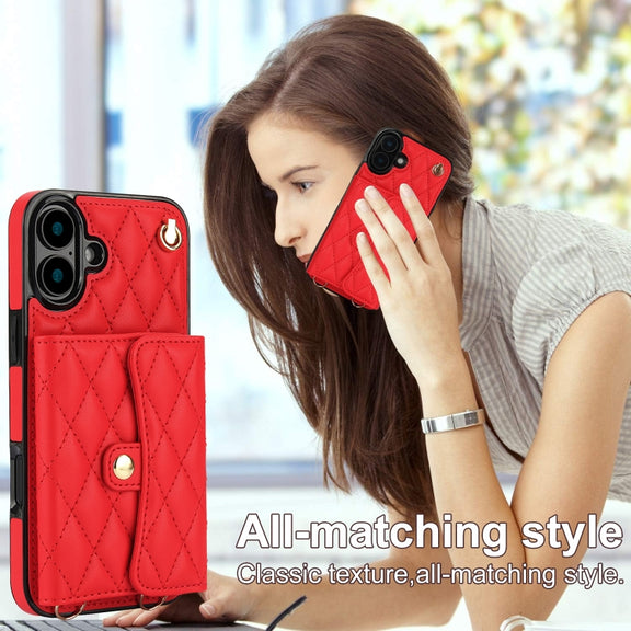 For iPhone 16 Crossbody Rhombic Horizontal Wallet Leather Phone Case(Red)