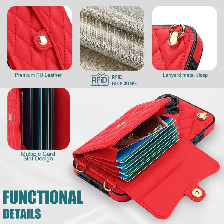 For iPhone 16 Crossbody Rhombic Horizontal Wallet Leather Phone Case(Red)