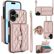 For iPhone 16 Crossbody Rhombic Horizontal Wallet Leather Phone Case(Rose Gold)