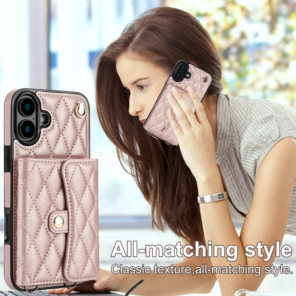 For iPhone 16 Crossbody Rhombic Horizontal Wallet Leather Phone Case(Rose Gold)