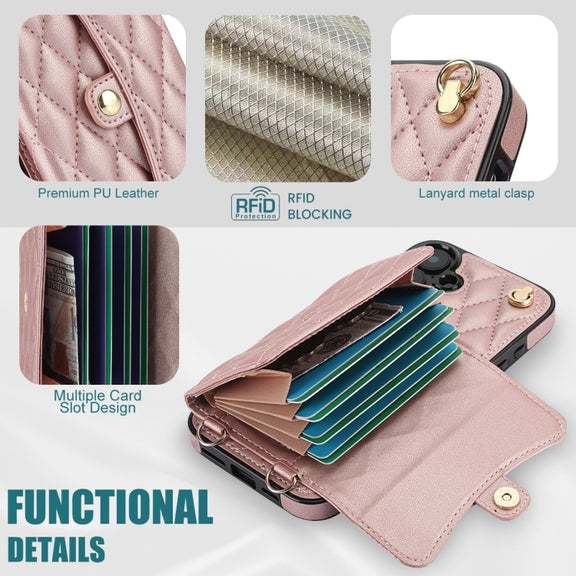 For iPhone 16 Crossbody Rhombic Horizontal Wallet Leather Phone Case(Rose Gold)