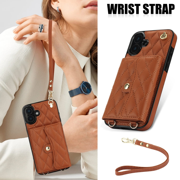 For iPhone 16 Crossbody Rhombic Horizontal Wallet Leather Phone Case(Brown)