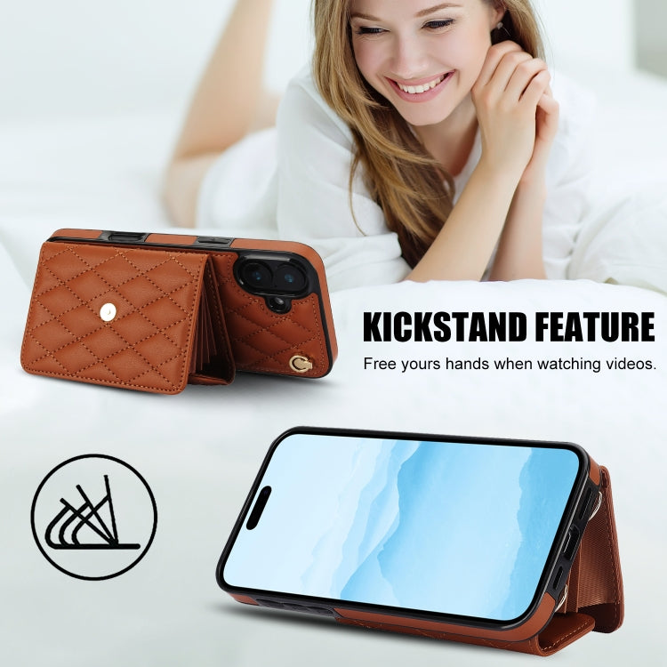 For iPhone 16 Crossbody Rhombic Horizontal Wallet Leather Phone Case(Brown)