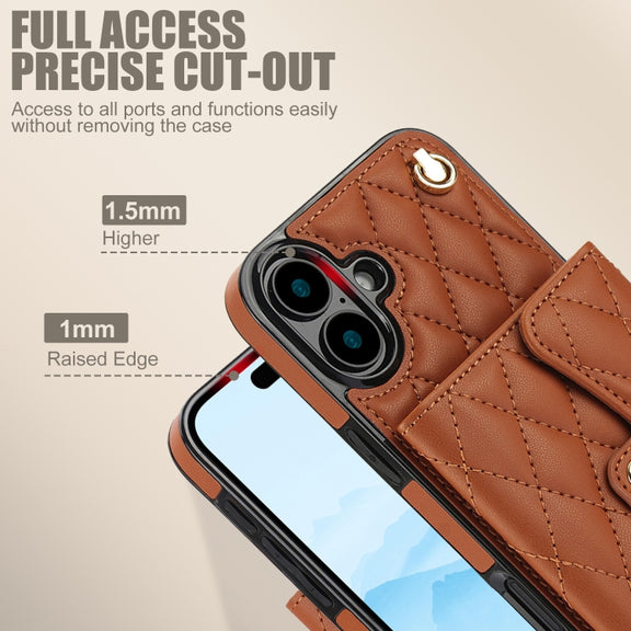 For iPhone 16 Crossbody Rhombic Horizontal Wallet Leather Phone Case(Brown)