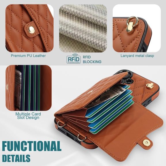 For iPhone 16 Crossbody Rhombic Horizontal Wallet Leather Phone Case(Brown)