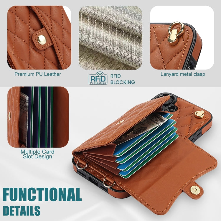 For iPhone 16 Crossbody Rhombic Horizontal Wallet Leather Phone Case(Brown)