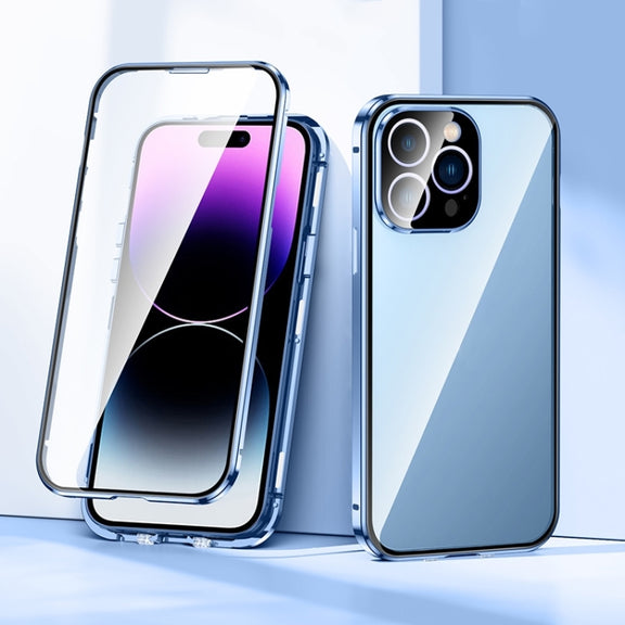 For iPhone 15 Pro Magnetic Double-buckle HD Tempered Glass Phone Case(Blue)