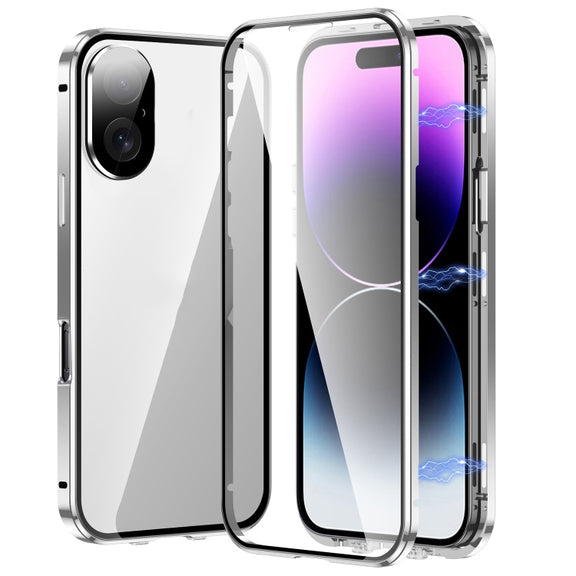 For iPhone 16 Plus Magnetic Double-buckle HD Tempered Glass Phone Case(Silver)