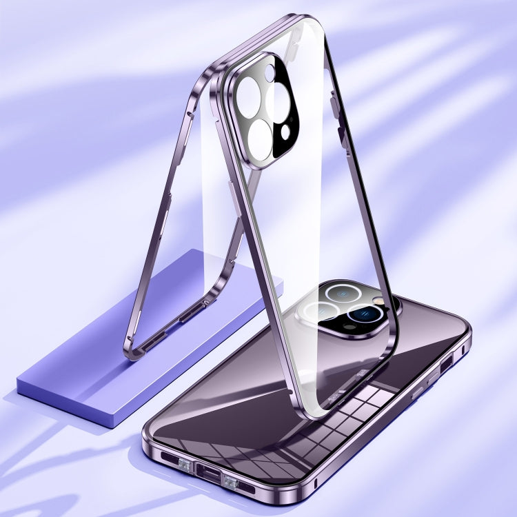 For iPhone 16 Plus Magnetic Double-buckle HD Tempered Glass Phone Case(Purple)