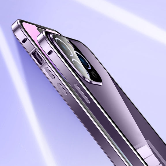 For iPhone 16 Plus Magnetic Double-buckle HD Tempered Glass Phone Case(Purple)