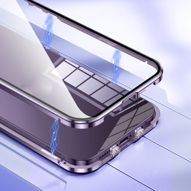 For iPhone 16 Plus Magnetic Double-buckle HD Tempered Glass Phone Case(Purple)