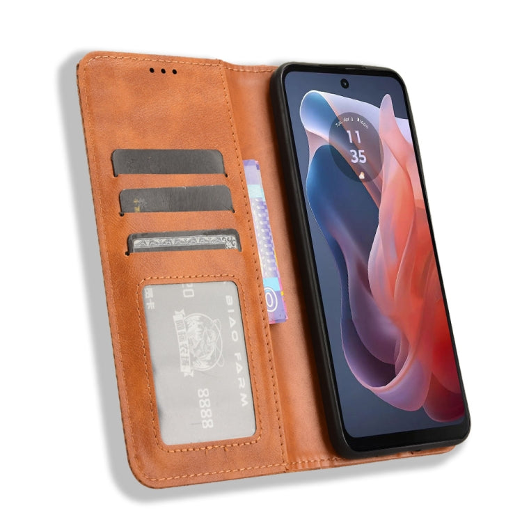 For Motorola Moto G Play 4G 2024 Magnetic Buckle Retro Texture Leather Phone Case(Brown)