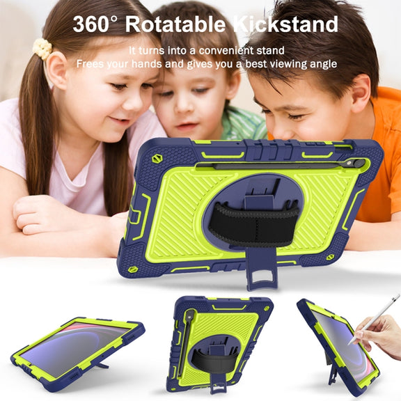 For Samsung Galaxy Tab S9 360 Degree Rotation PC Contrast Silicone Tablet Case(Navy Blue + Yellow Green)
