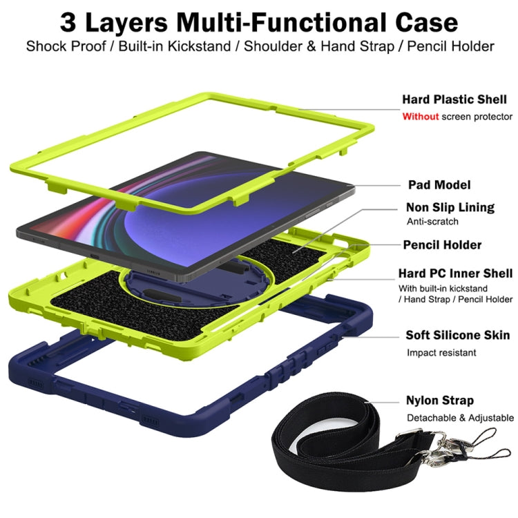 For Samsung Galaxy Tab S9 360 Degree Rotation PC Contrast Silicone Tablet Case(Navy Blue + Yellow Green)