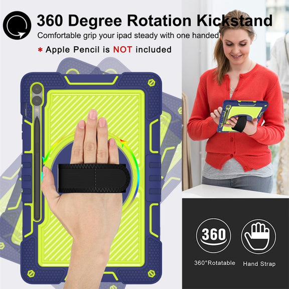 For Samsung Galaxy Tab S9+ 360 Degree Rotation PC Contrast Silicone Tablet Case(Navy Blue + Yellow Green)