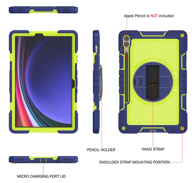 For Samsung Galaxy Tab S9+ 360 Degree Rotation PC Contrast Silicone Tablet Case(Navy Blue + Yellow Green)