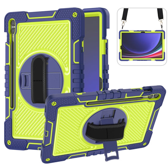 For Samsung Galaxy Tab S9+ 360 Degree Rotation PC Contrast Silicone Tablet Case(Navy Blue + Yellow Green)