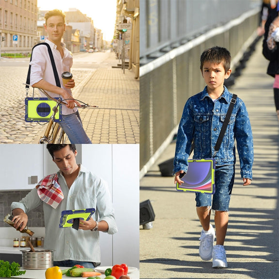 For Samsung Galaxy Tab S9+ 360 Degree Rotation PC Contrast Silicone Tablet Case(Navy Blue + Yellow Green)