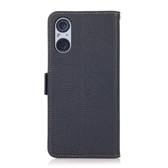 For Sony Xperia 5 V KHAZNEH Side-Magnetic Litchi Genuine Leather RFID Case(Blue)