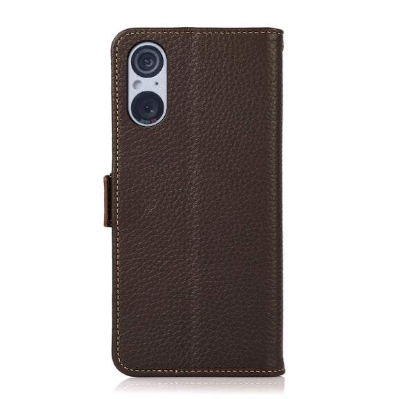 For Sony Xperia 5 V KHAZNEH Side-Magnetic Litchi Genuine Leather RFID Case(Brown)