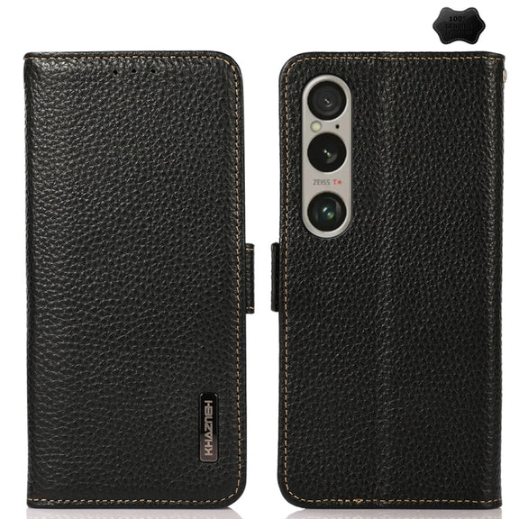 For Sony Xperia 1 VI KHAZNEH Side-Magnetic Litchi Genuine Leather RFID Case(Black)